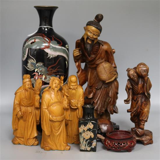 A Japanese enamel dragon vase, carvings etc